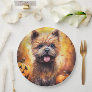 Prato De Papel Halloween Cairn Terrier Com Pumpkins Assustado