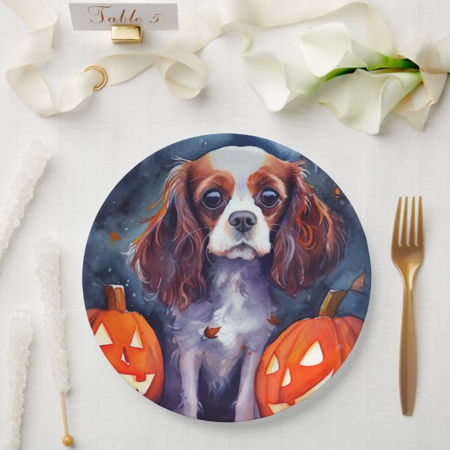 Prato De Papel Halloween Cavalier King Charles Spaniel Pumpkins (Casamento)