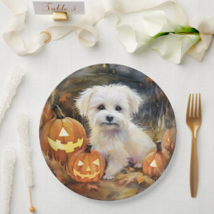 Prato De Papel Halloween Coton De Tulear Com Abóboras Assustador