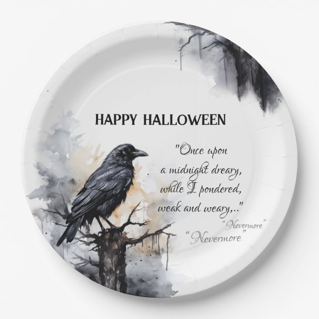 Prato De Papel Halloween de Raven Negro Assustador (Frente)