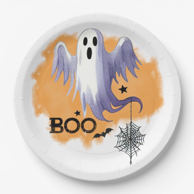 Prato De Papel HALLOWEEN Fantasma Com Teia de Aranha (Frente)