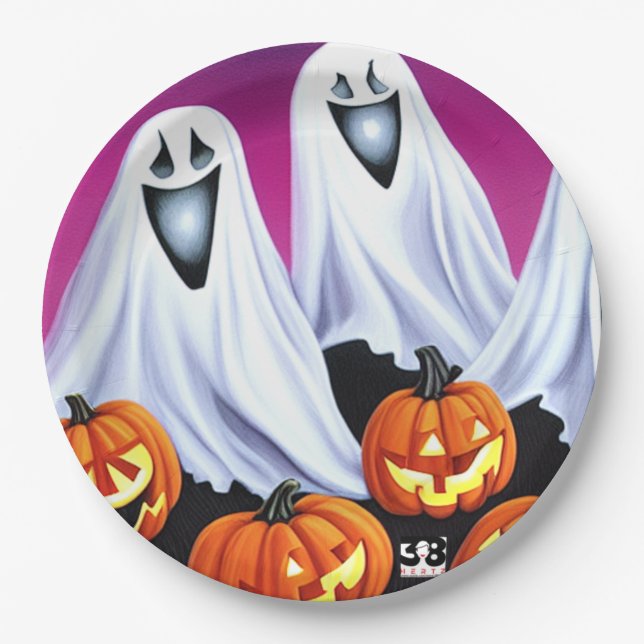 Prato De Papel Halloween Fantasmas e Pumpkins (Frente)