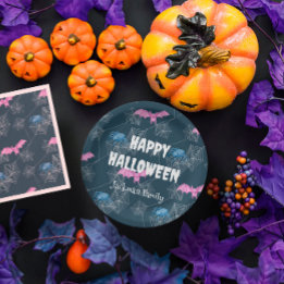Prato De Papel Halloween fofo personalizável com morcegos e aranh