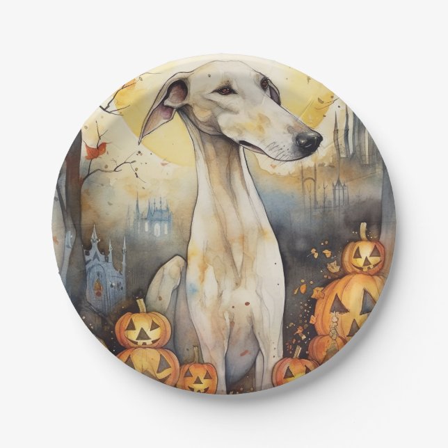 Prato De Papel Halloween Greyhound Com Pumpkins Assustado (Frente)