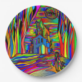 Prato De Papel Halloween Haunted House Abstrato Colorful 9"
