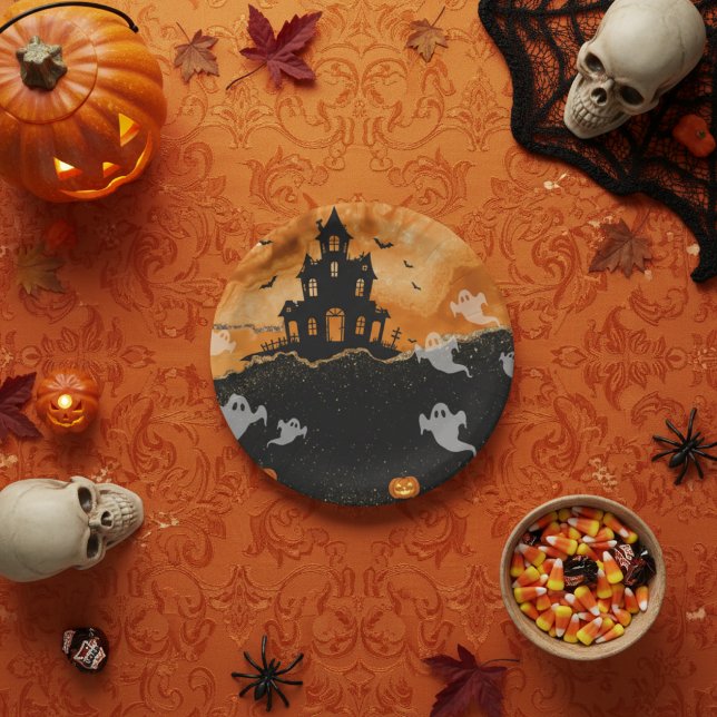 Prato De Papel Halloween Haunted House Orange Gold Glitter (Criador carregado)