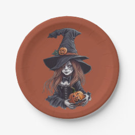 Prato De Papel Halloween-Hexe mit Kürbis -