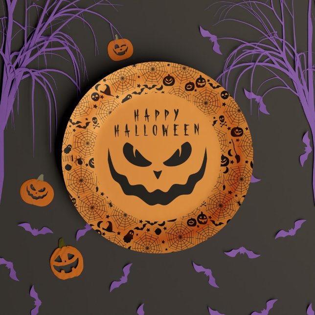 Prato De Papel Halloween Jack O Lanterna Pumpkin Cara Assustadora (Happy Halloween Black and Orange Jack o Lantern Paper Plates)