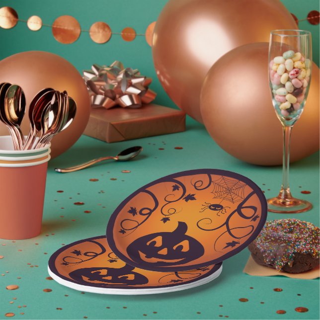Prato De Papel Halloween Jack ou lanterna abóbora face e aranha (Múltiplo)