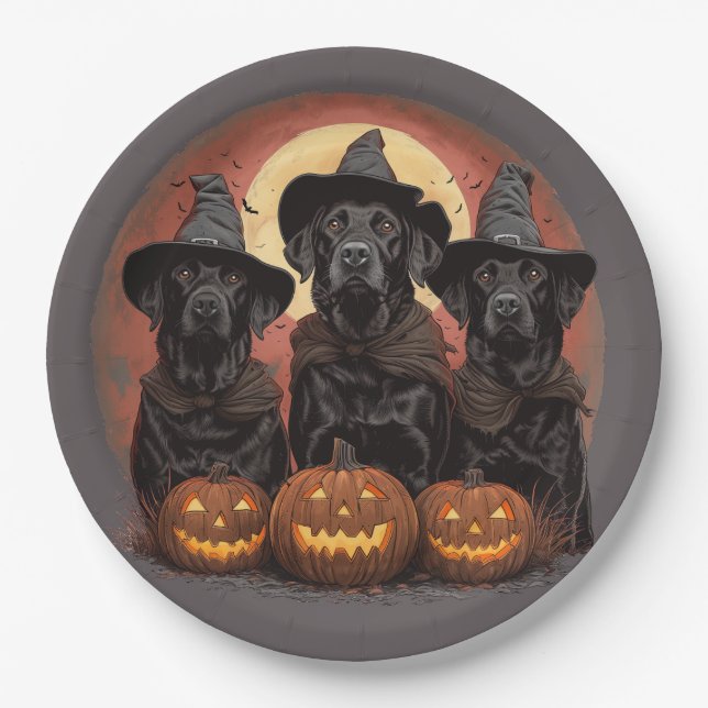 Prato De Papel Halloween Labrador Retriever Cachorros Bruxos (Frente)