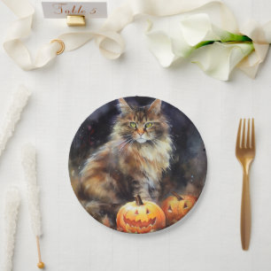 Prato De Papel Halloween Maine Coon Cat Com Pumpkins Assustado