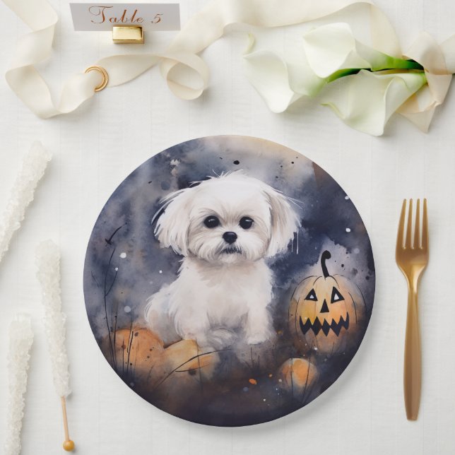 Prato De Papel Halloween Maltês com Abóboras Assustador (Casamento)