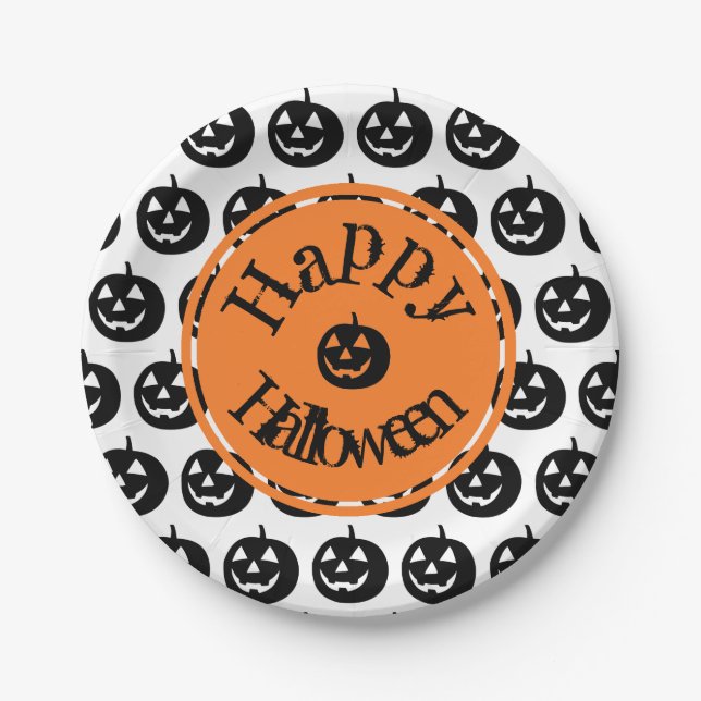 Prato De Papel Halloween Modern Pumpkin Design (Frente)
