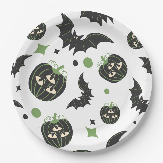 Prato De Papel Halloween Moderno de 3 Olhos de Pumpkin e Bats (Frente)