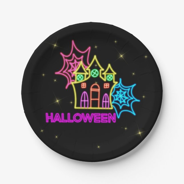 Prato De Papel Halloween Neon Look Haunted House Spider Web 7" (Frente)