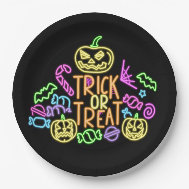 Prato De Papel Halloween Neon Look Trick Tret Candy Party 9" (Frente)
