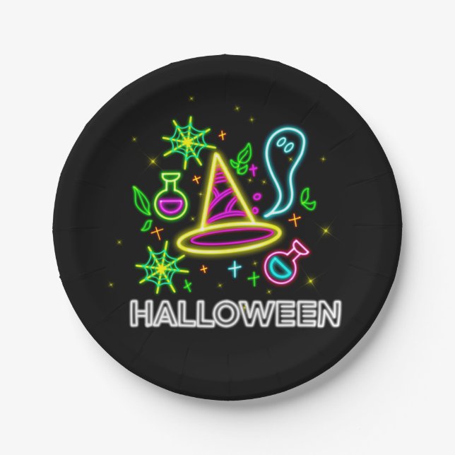 Prato De Papel Halloween Neon Olha O Ghost Web Party 7" (Frente)