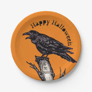 Prato De Papel Halloween Orange Black Raven Crow Dated Gothic