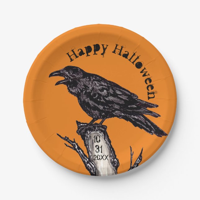 Prato De Papel Halloween Orange Black Raven Crow Dated Gothic (Frente)