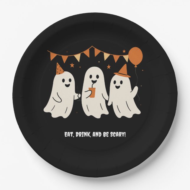 Prato De Papel Halloween Playful White Ghost Black Festive  (Frente)
