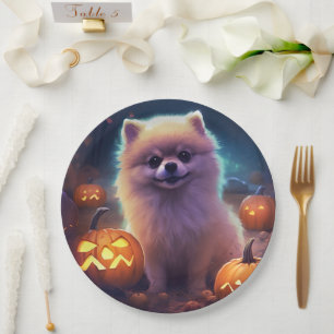 Prato De Papel Halloween Pomeranian Com Pumpkins Assustado