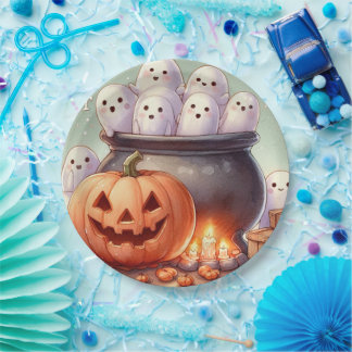 Prato De Papel Halloween Pumpkin and Ghosts