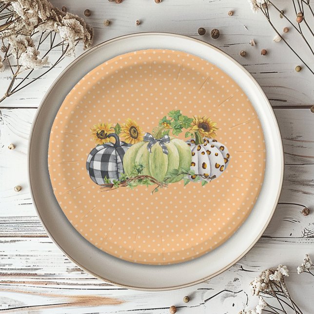 Prato De Papel Halloween Pumpkin Girassol Xadrez de Ação de Graça (Criador carregado)