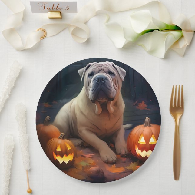 Prato De Papel Halloween Shar Pei Com Pumpkins Assustado (Casamento)