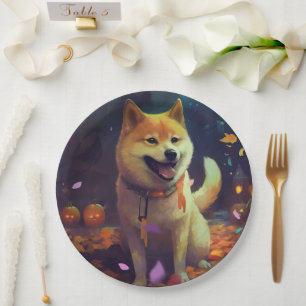 Prato De Papel Halloween Shiba Inu Com Pumpkins Assustado
