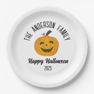 Prato De Papel Halloween Sorrindo Abóbora Cara de Abóbora Nome Pe