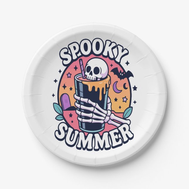 Prato De Papel Halloween Spooky Summer Skeleton Beber (Frente)