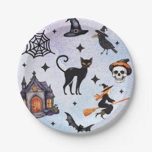 Prato De Papel Halloween Watercolor Crow Witch Cat Patterno