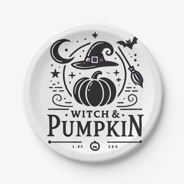 Prato De Papel Halloween Witch Hat e Pumpkin Design Magic Art (Frente)