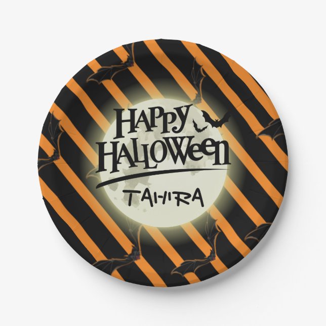 Prato De Papel Hallowen Stripes e morcegos (Frente)