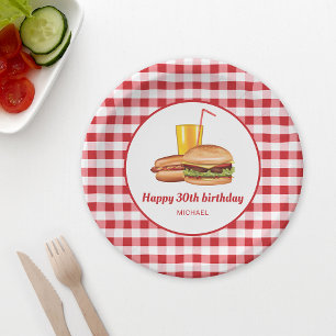 Prato De Papel Hamburger Hot Dog E Beba Aniversário De Gingham Ve
