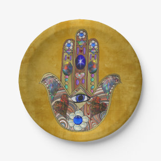 Prato De Papel Hamsa Hearts Flowers Opal Art em Dourado