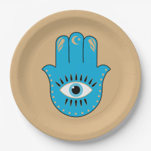 Prato De Papel Hamsa Mão Grego Mau Olho Azul