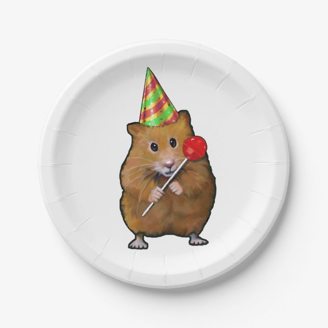 Prato De Papel Hamster com Chapéu de Partido e Lollipop, Ilustraç (Frente)