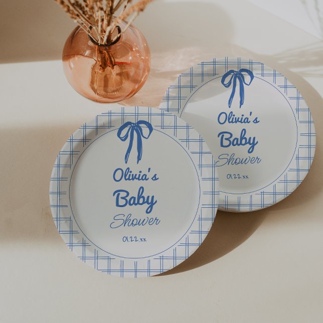 Prato De Papel Hand Drawn Blue Gingham Bow Baby Shower (Criador carregado)