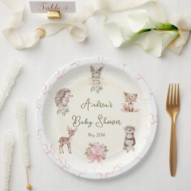 Prato De Papel Hand Drawn Coquette Ribbon Woodland Baby Shower  (Casamento)