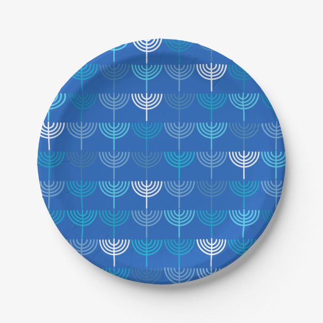 Prato De Papel Hanukkah Chanukah Chanukkiah Menorah Padrão Azul (Frente)