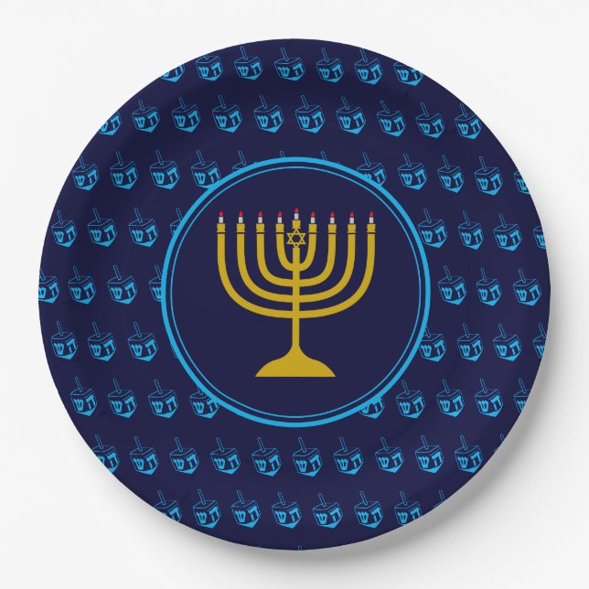Prato De Papel HANUKKAH Dreidel Menorah Israel Blue Silver (Frente)