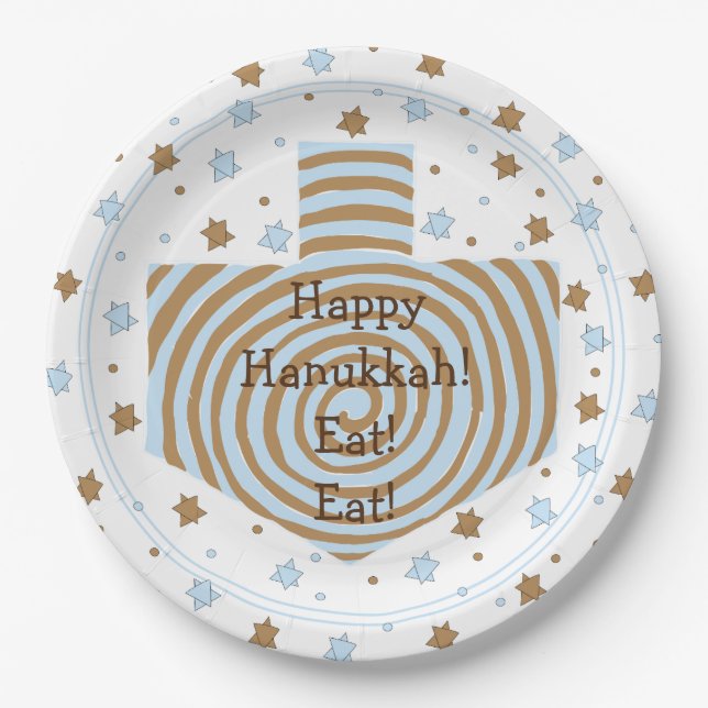 Prato De Papel Hanukkah Dreidel Swirl Papel Azul (Frente)