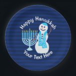 Prato De Papel Hanukkah Jewish Snowman E Blue Menorah Party<br><div class="desc">Este sorridente boneco de neve Chanucá com sua Estrela de David em azul brilhante está pronto para trazer a alegria para sua festa Chanucá. As placas de papel personalizadas fazem uma brisa limpa. As listras azuis escuras e uma Menorah azul ativaram seu texto personalizado para uma mesa festiva única. Certifique-se...</div>