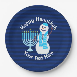 Prato De Papel Hanukkah Jewish Snowman E Blue Menorah Party
