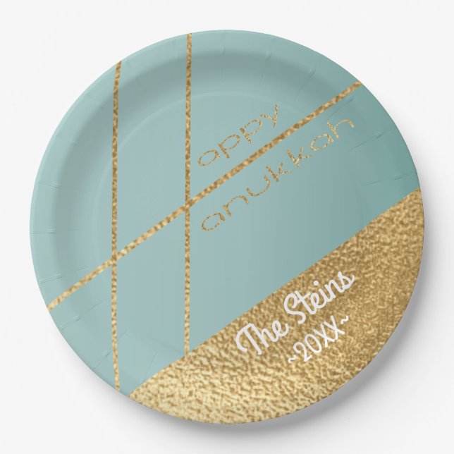 Prato De Papel Hanukkah Turquoise e Douradas placas de papel (Frente)