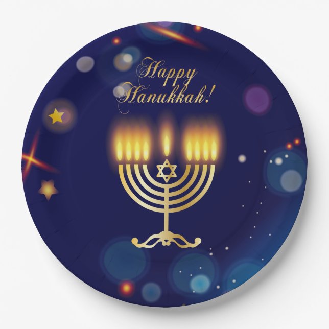 Prato De Papel Hanukkiah Happy Hanukkah Jewish Gold Menorah (Frente)