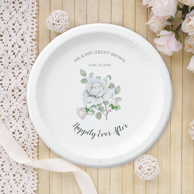 Prato De Papel Happily Ever After White Rose Wedding Paper Plates (Criador carregado)