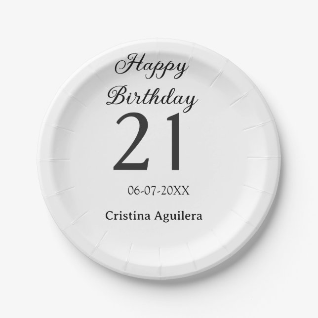 Prato De Papel Happy 21st birthday bold letter simple name minima (Frente)