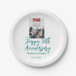 Prato De Papel Happy 50th anniversary photo turquoise bow name da